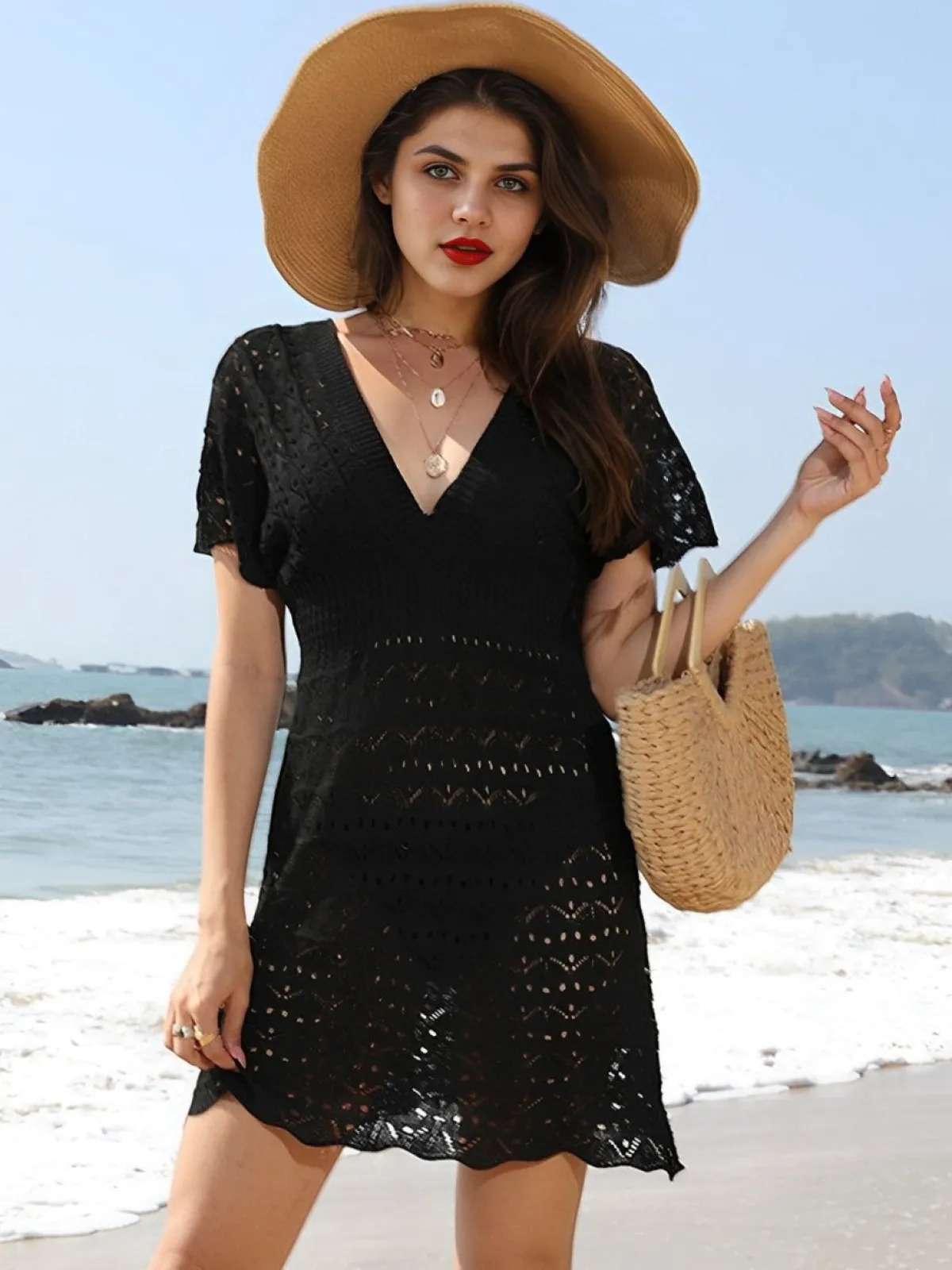 Sale Retro Stage 1960s Solid Deep V-Neck Crochet Cover-Up