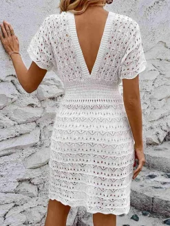 Sale Retro Stage 1960s Solid Deep V-Neck Crochet Cover-Up
