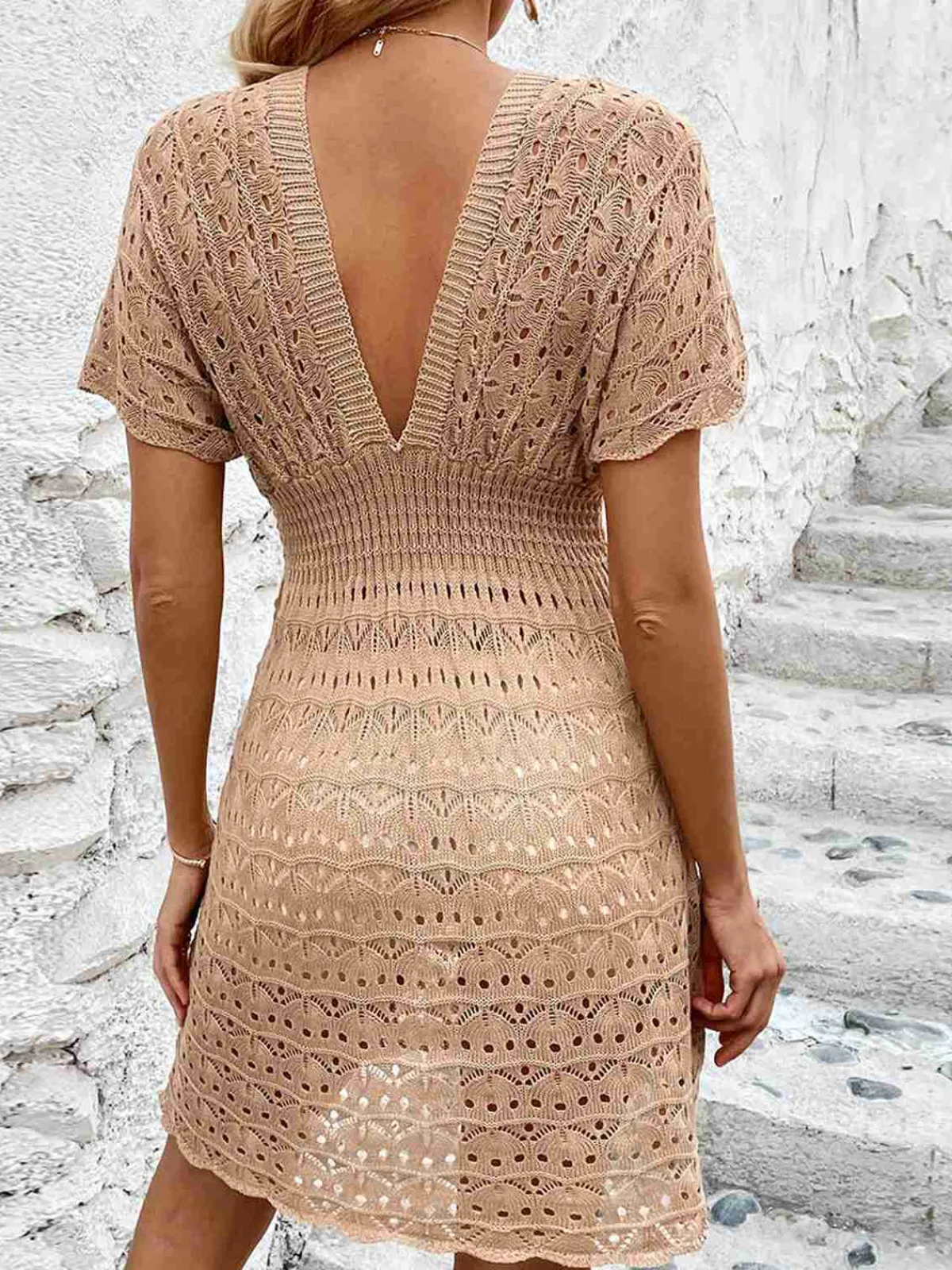 Sale Retro Stage 1960s Solid Deep V-Neck Crochet Cover-Up