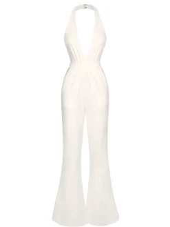 New Retro Stage 1930s Solid Deep V-Neck Halter Jumpsuit