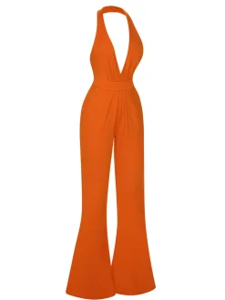 New Retro Stage 1930s Solid Deep V-Neck Halter Jumpsuit
