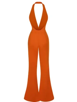 New Retro Stage 1930s Solid Deep V-Neck Halter Jumpsuit