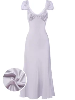 Online Retro Stage 1930s Solid Deep V-Neck Lace Trim Nightgown Lavender