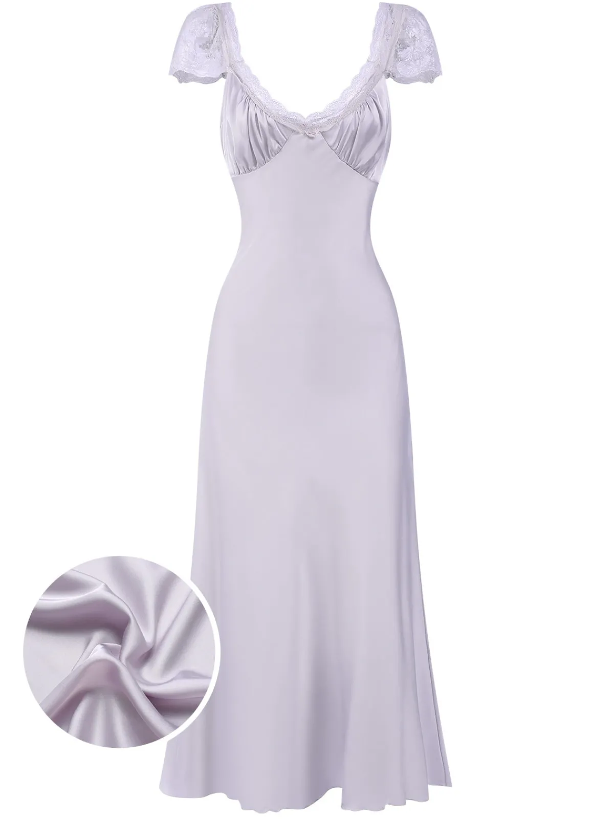Online Retro Stage 1930s Solid Deep V-Neck Lace Trim Nightgown Lavender