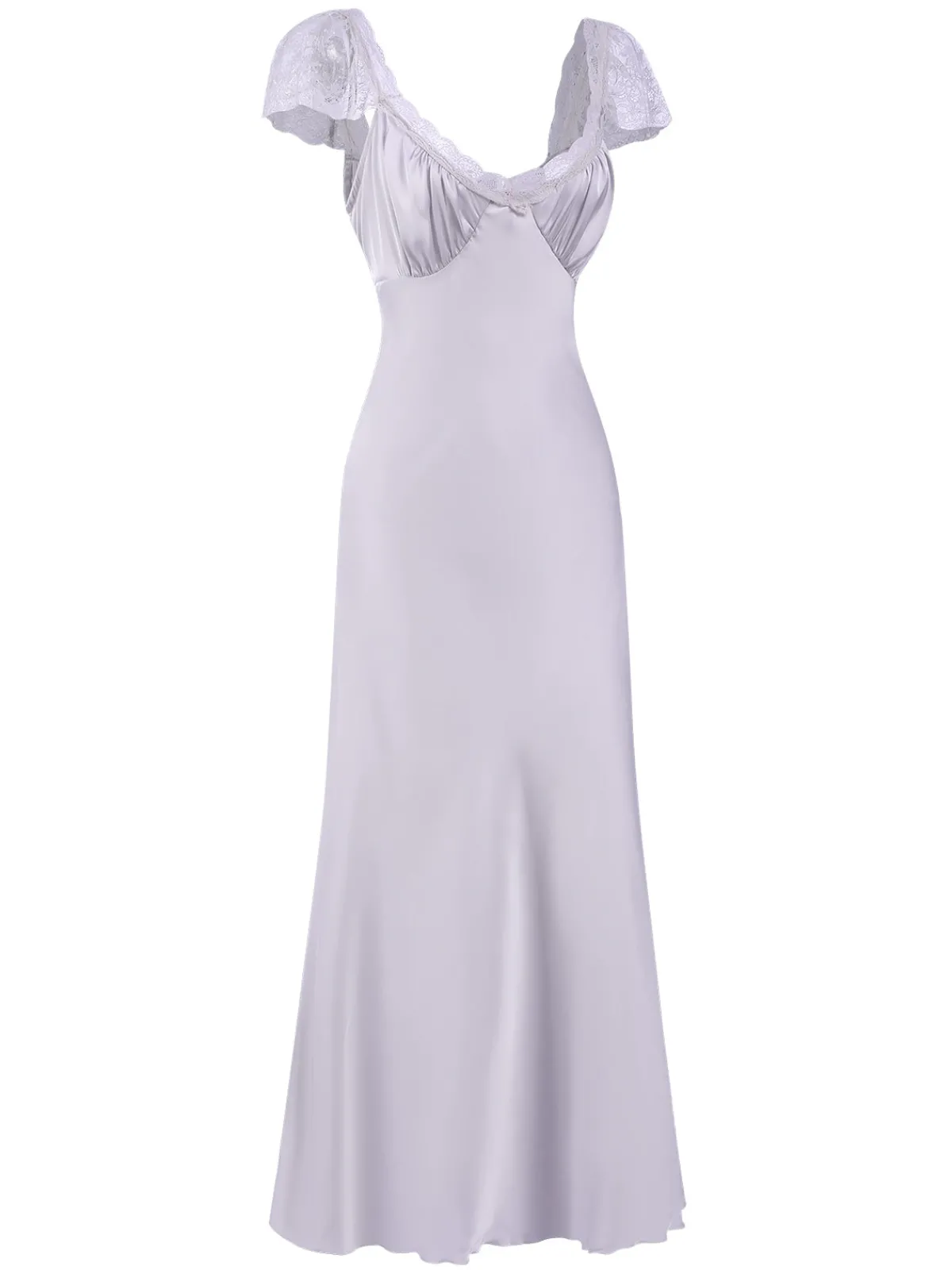 Online Retro Stage 1930s Solid Deep V-Neck Lace Trim Nightgown Lavender