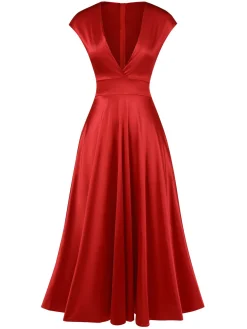 Best Retro Stage 1930s Solid Deep V-Neck Satin Dress