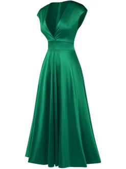 Best Retro Stage 1930s Solid Deep V-Neck Satin Dress