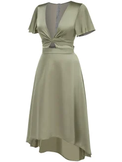 Online Retro Stage 1940s Solid Deep V-Neck Twisted Satin Dress