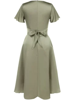 Online Retro Stage 1940s Solid Deep V-Neck Twisted Satin Dress