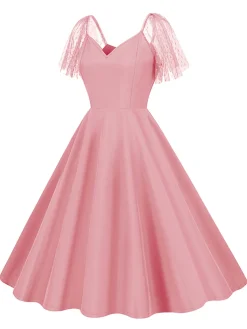 New Retro Stage 1950s Solid Dots Mesh Sleeve V-Neck Dress