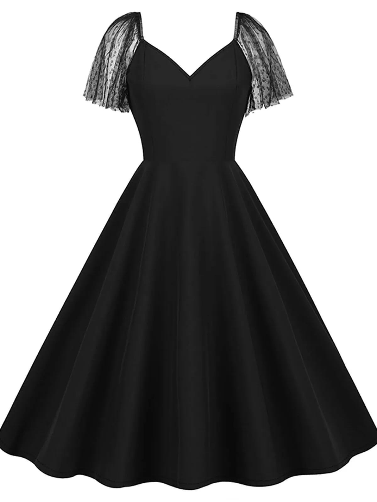 New Retro Stage 1950s Solid Dots Mesh Sleeve V-Neck Dress
