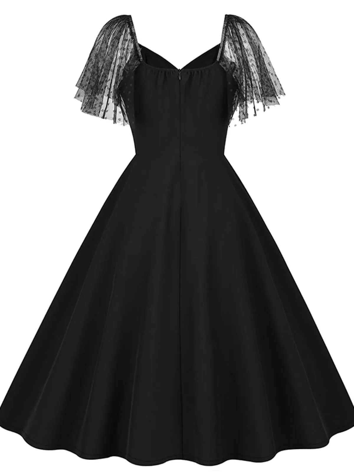 New Retro Stage 1950s Solid Dots Mesh Sleeve V-Neck Dress