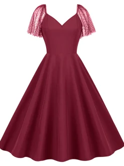 New Retro Stage 1950s Solid Dots Mesh Sleeve V-Neck Dress