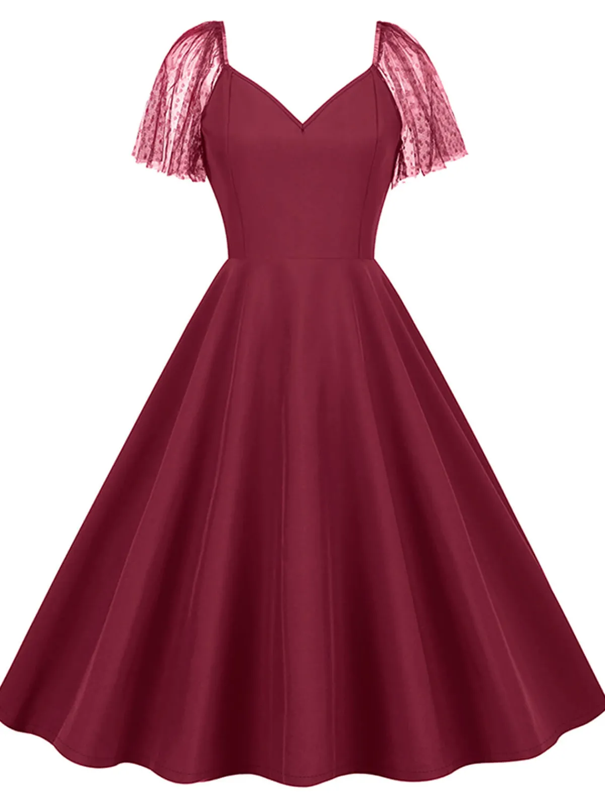 New Retro Stage 1950s Solid Dots Mesh Sleeve V-Neck Dress