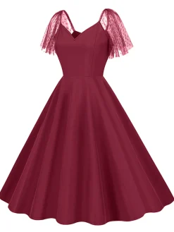 New Retro Stage 1950s Solid Dots Mesh Sleeve V-Neck Dress