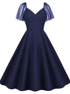 New Retro Stage 1950s Solid Dots Mesh Sleeve V-Neck Dress