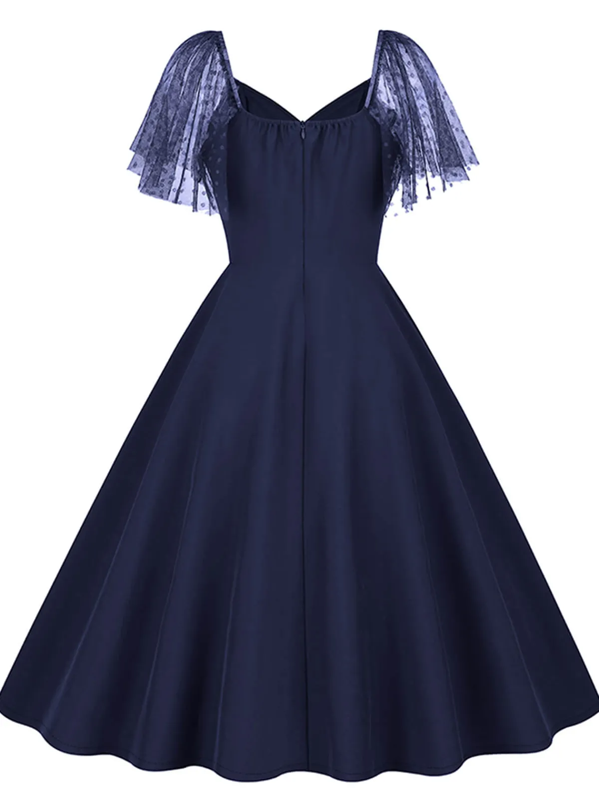 New Retro Stage 1950s Solid Dots Mesh Sleeve V-Neck Dress