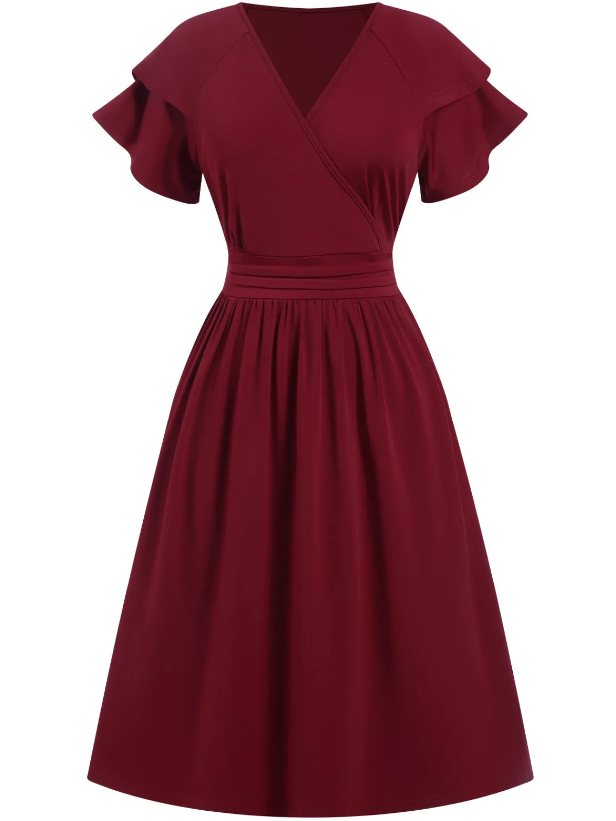 Online Retro Stage 1940s Solid Double Sleeves V-Neck Dress