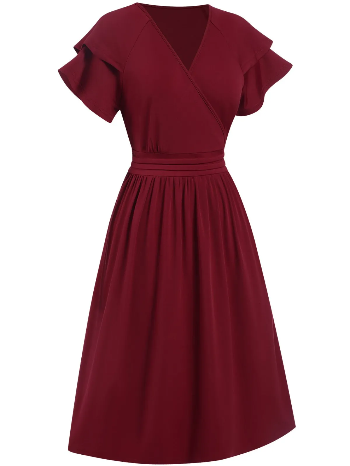 Online Retro Stage 1940s Solid Double Sleeves V-Neck Dress