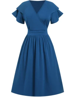 Online Retro Stage 1940s Solid Double Sleeves V-Neck Dress