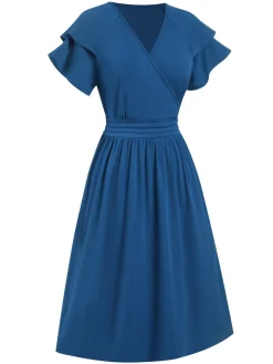 Online Retro Stage 1940s Solid Double Sleeves V-Neck Dress