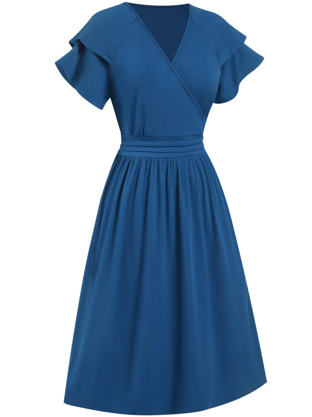 Online Retro Stage 1940s Solid Double Sleeves V-Neck Dress