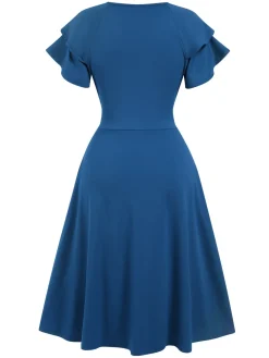 Online Retro Stage 1940s Solid Double Sleeves V-Neck Dress