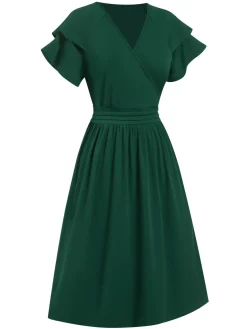 Online Retro Stage 1940s Solid Double Sleeves V-Neck Dress