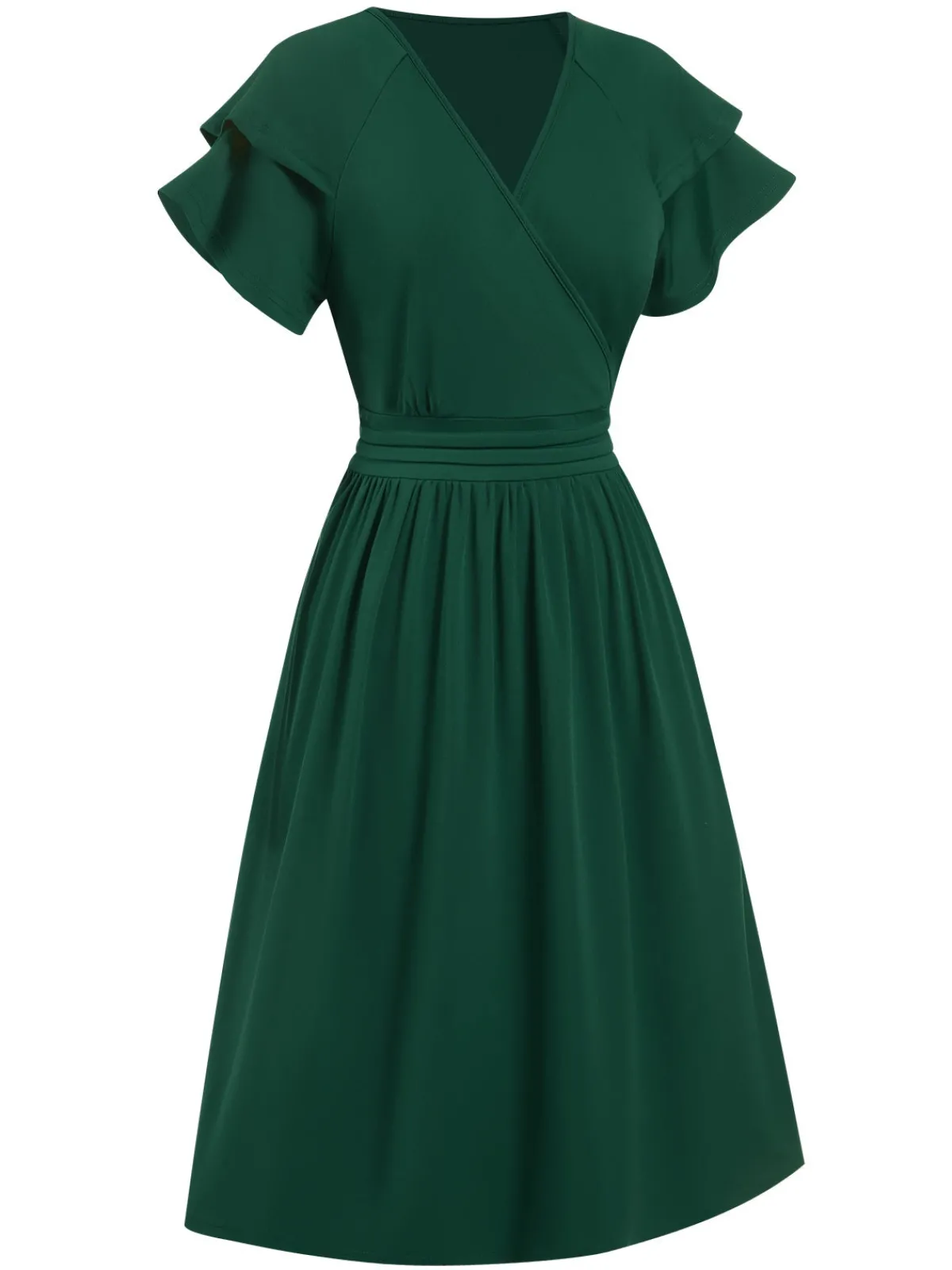 Online Retro Stage 1940s Solid Double Sleeves V-Neck Dress