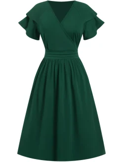 Online Retro Stage 1940s Solid Double Sleeves V-Neck Dress