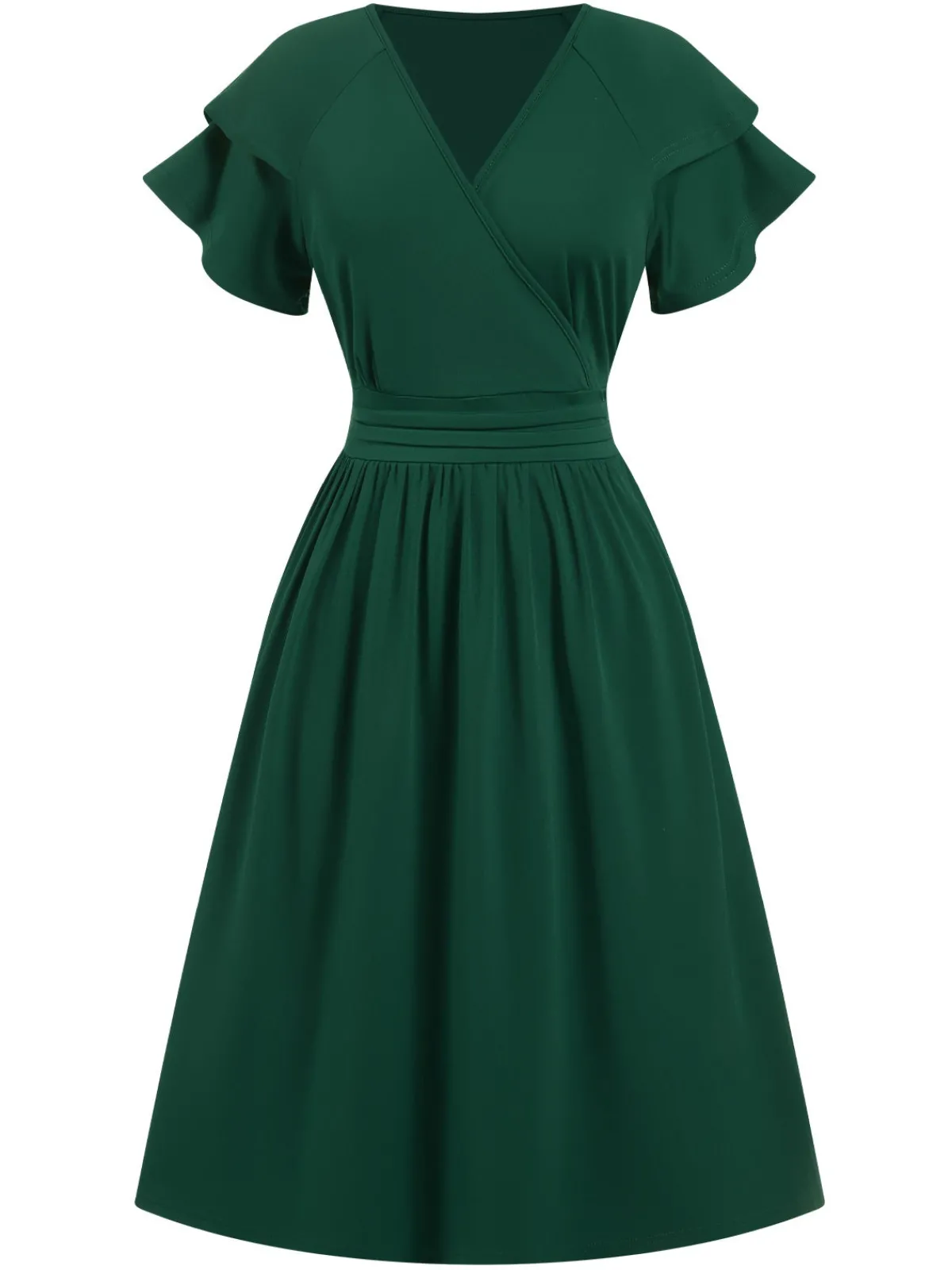 Online Retro Stage 1940s Solid Double Sleeves V-Neck Dress