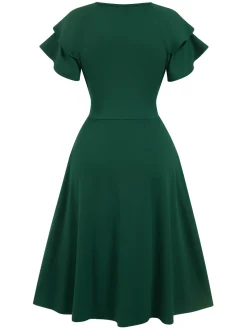 Online Retro Stage 1940s Solid Double Sleeves V-Neck Dress