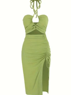 Fashion Retro Stage 1960s Solid Drawstring Cut-Out Bodycon Dress