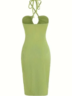 Fashion Retro Stage 1960s Solid Drawstring Cut-Out Bodycon Dress