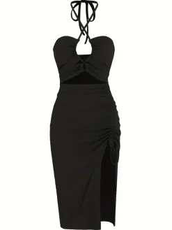 Fashion Retro Stage 1960s Solid Drawstring Cut-Out Bodycon Dress
