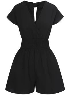 Outlet Retro Stage 1970s Solid Elastic Waist Wrap V-Neck Romper
