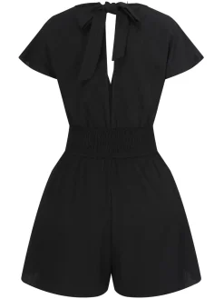 Outlet Retro Stage 1970s Solid Elastic Waist Wrap V-Neck Romper