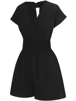 Outlet Retro Stage 1970s Solid Elastic Waist Wrap V-Neck Romper