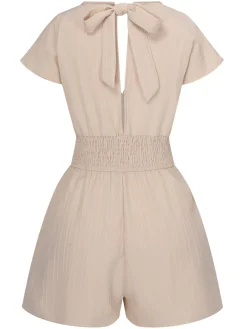 Outlet Retro Stage 1970s Solid Elastic Waist Wrap V-Neck Romper