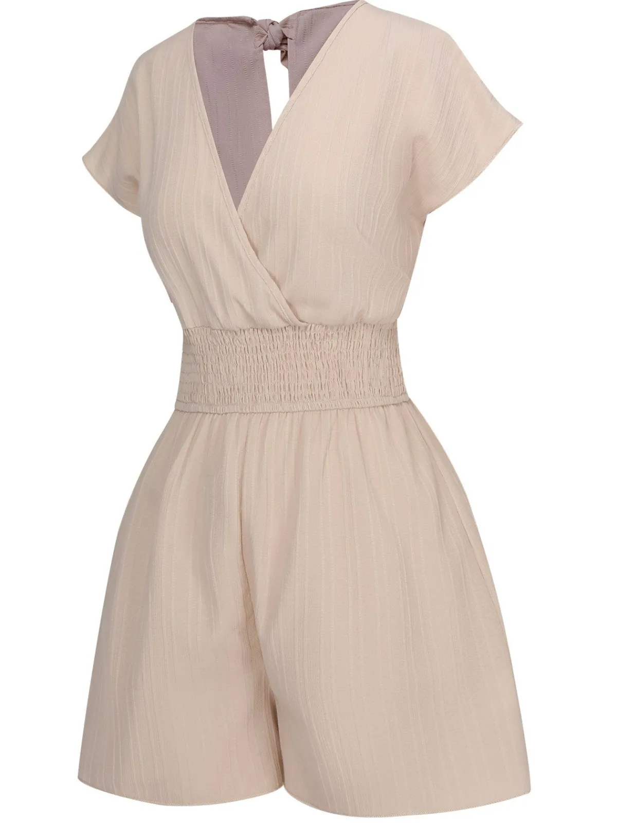 Outlet Retro Stage 1970s Solid Elastic Waist Wrap V-Neck Romper
