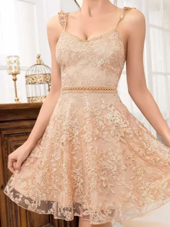 Online Retro Stage 1950s Solid Embroidered Mesh Tie Back Dress