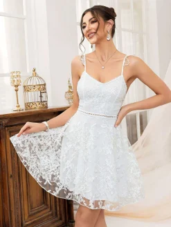 Online Retro Stage 1950s Solid Embroidered Mesh Tie Back Dress