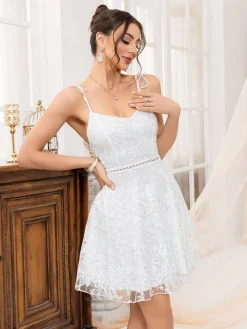 Online Retro Stage 1950s Solid Embroidered Mesh Tie Back Dress
