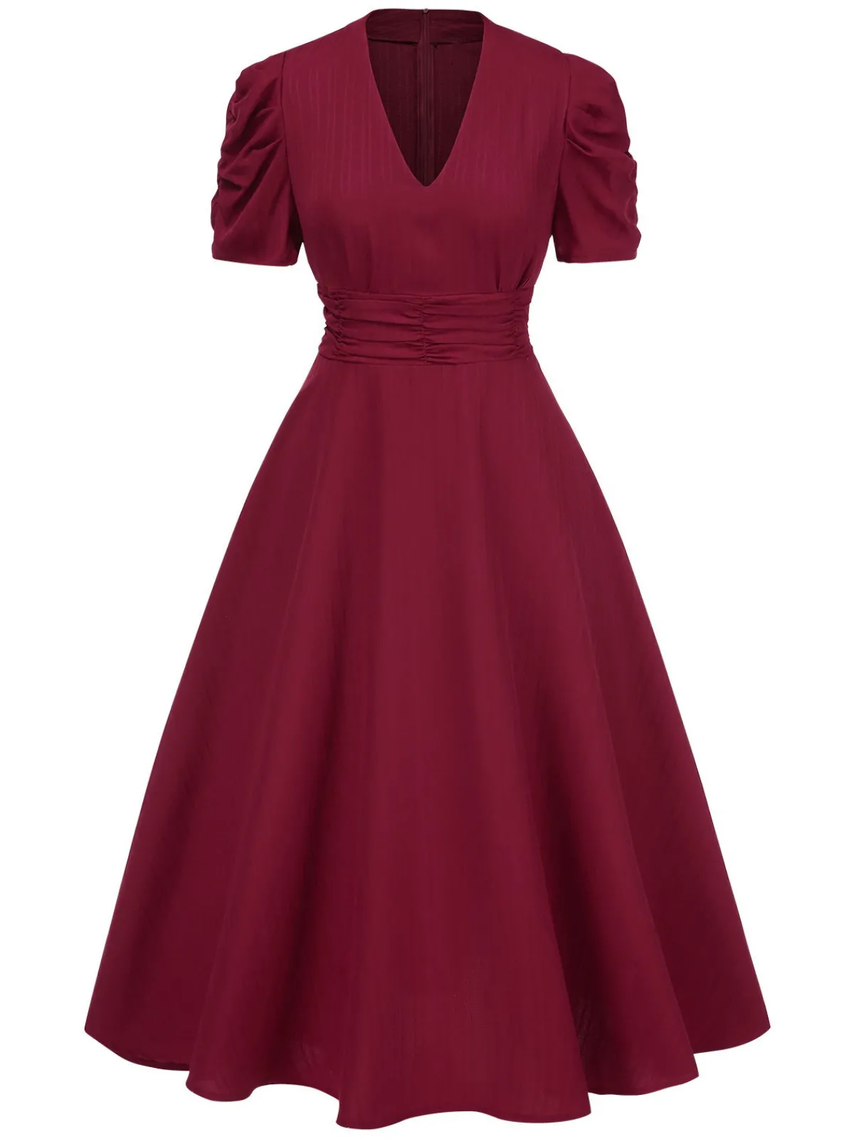 Online Retro Stage 1950s Solid Empire Waist V-Neck Puff Sleeves Dress