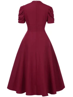 Online Retro Stage 1950s Solid Empire Waist V-Neck Puff Sleeves Dress