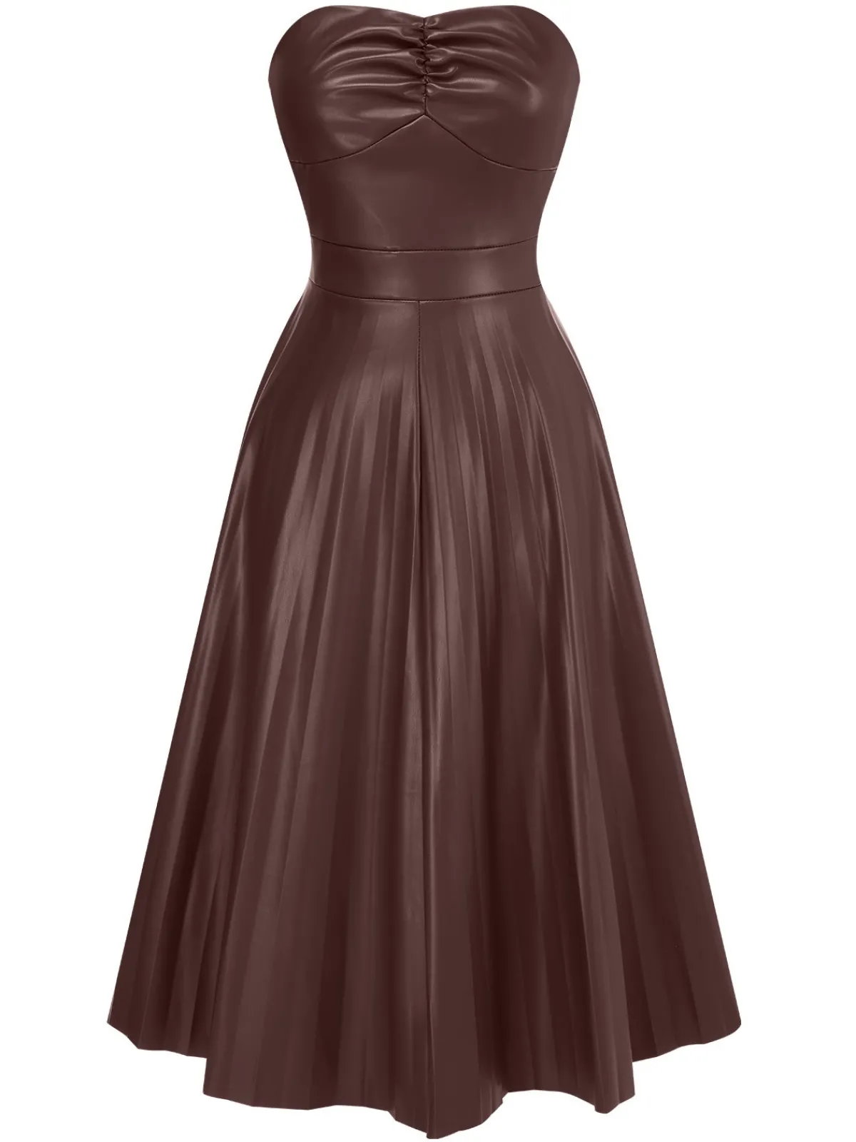 New Retro Stage 1950s Solid Faux Leather Strapless Dress
