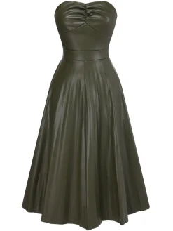 New Retro Stage 1950s Solid Faux Leather Strapless Dress