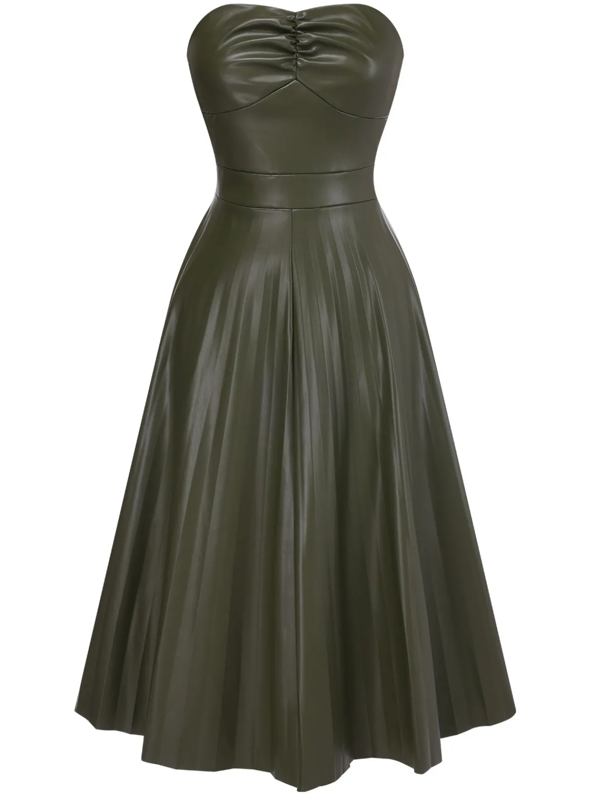 New Retro Stage 1950s Solid Faux Leather Strapless Dress