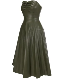 New Retro Stage 1950s Solid Faux Leather Strapless Dress