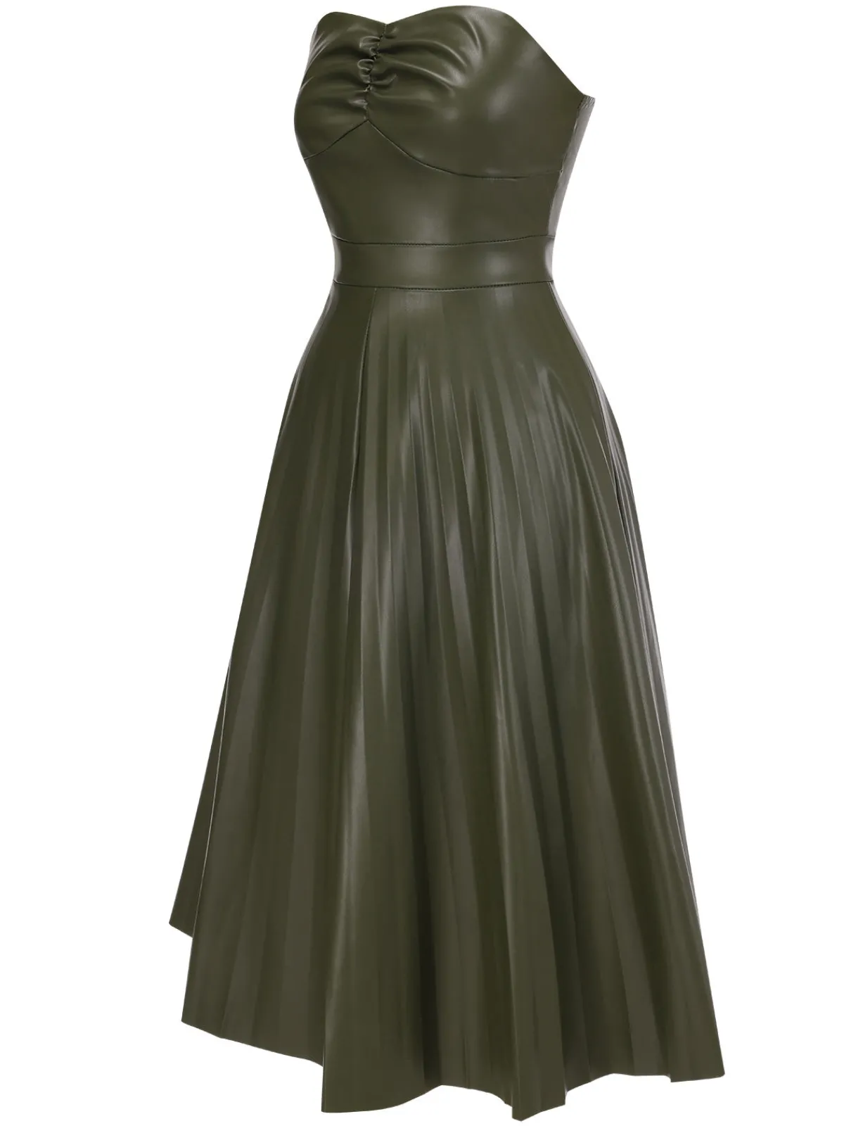 New Retro Stage 1950s Solid Faux Leather Strapless Dress